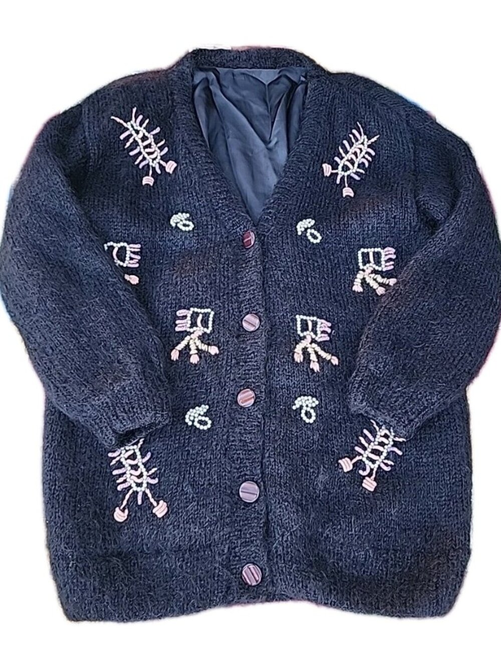 VTG German Mohair/Wool Blend Hand Beaded Black Knit Lined Cardigan Sweater Sz L